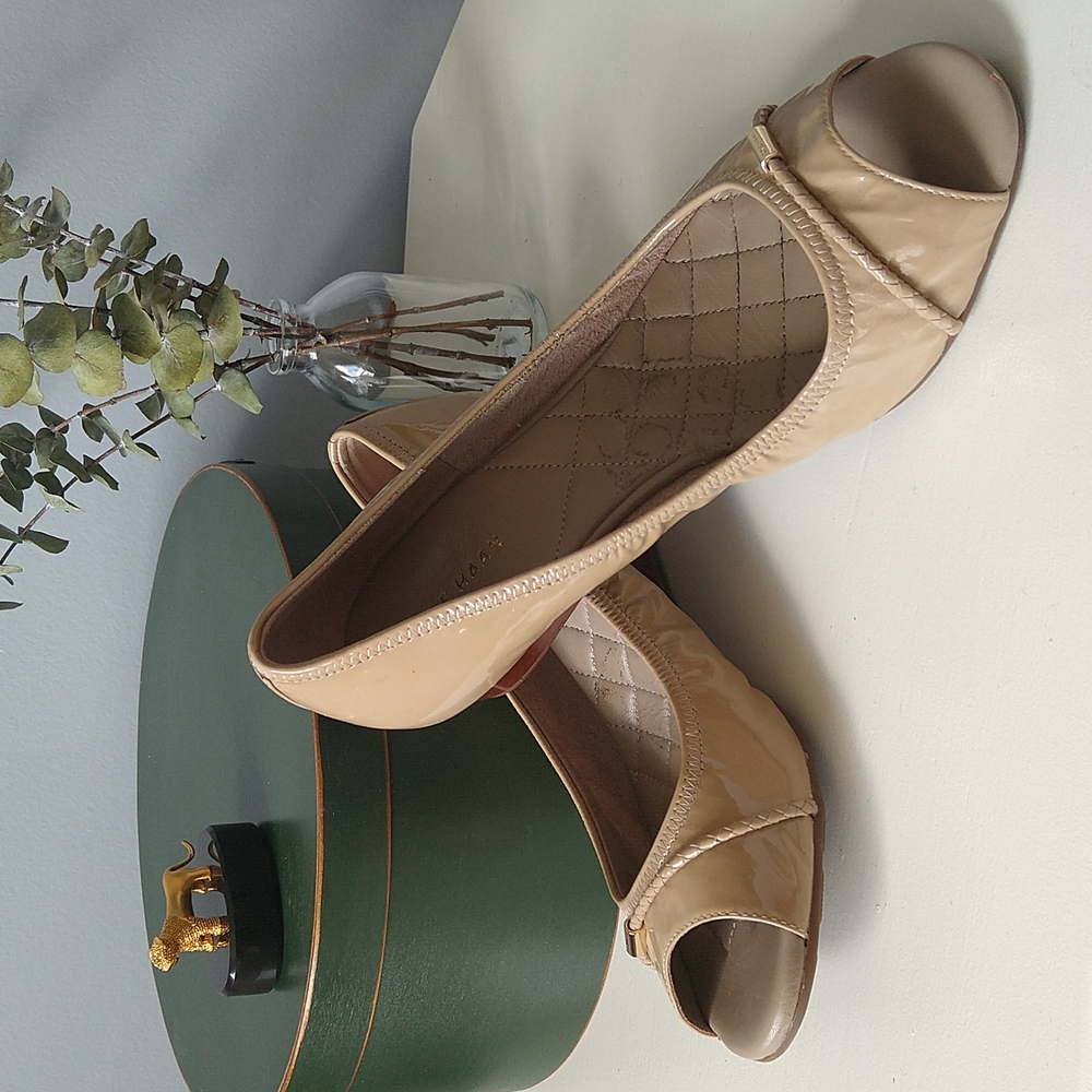 Cole Haan Patent Leather Wedge Open-Toe Pumps in Nude, Size 7.5